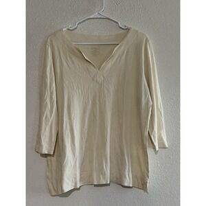 LL Bean T Shirt Women's Large Salmon Pink 3/4 Sleeve V Neck‎ Cotton Tunic
